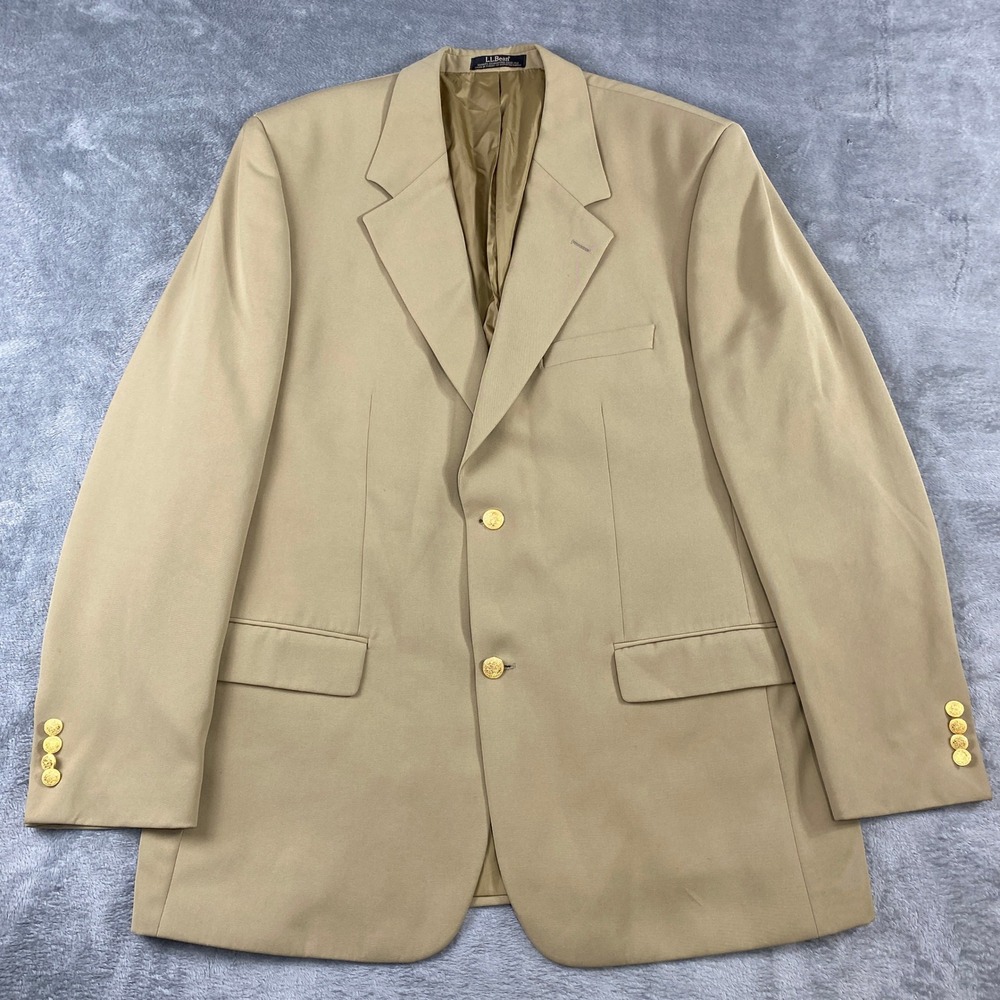 LL Bean Blazer Mens Tall XL Tan Micro Polyester 2-Button Gold Crest Single Vent